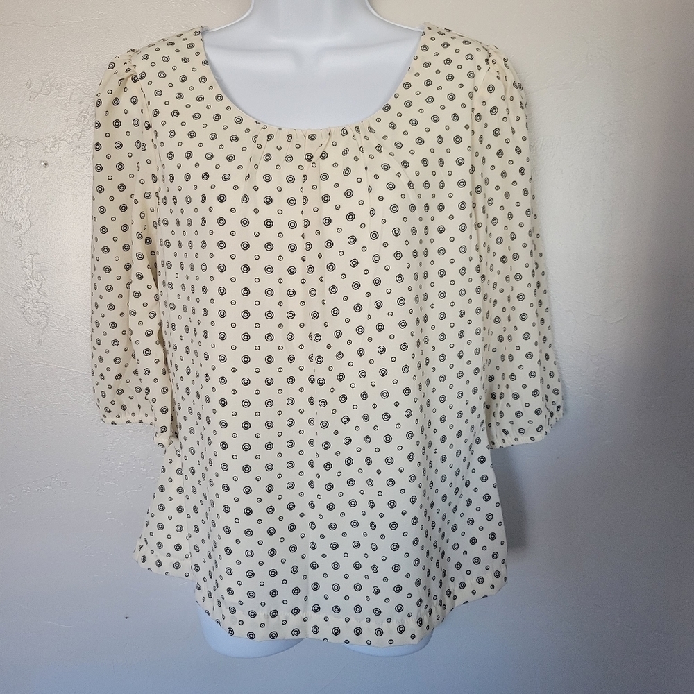 Mikarose Medium Ivory Blouse Quarter Sleeve Black Circle Polka Dots Top Keyhole
